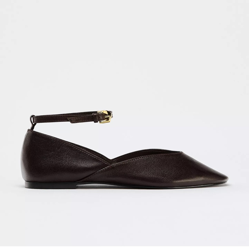 Zara Leather Brown Ankle Strap Flats